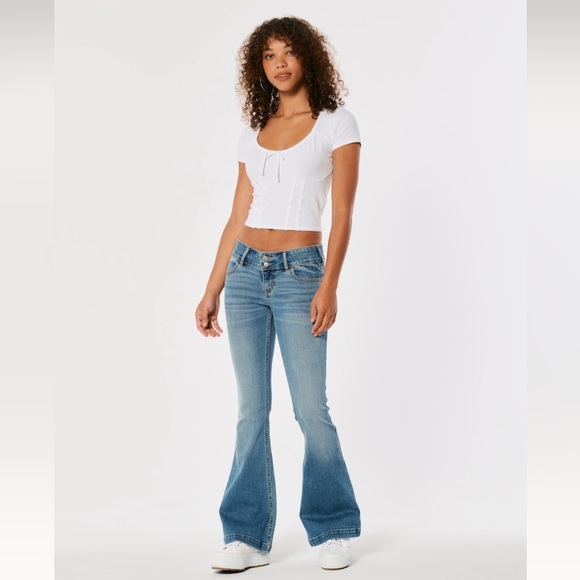 Hollister Low Rise Medium Wash Y2K Flare Jeans Two Buttons - Picture 3 of 8